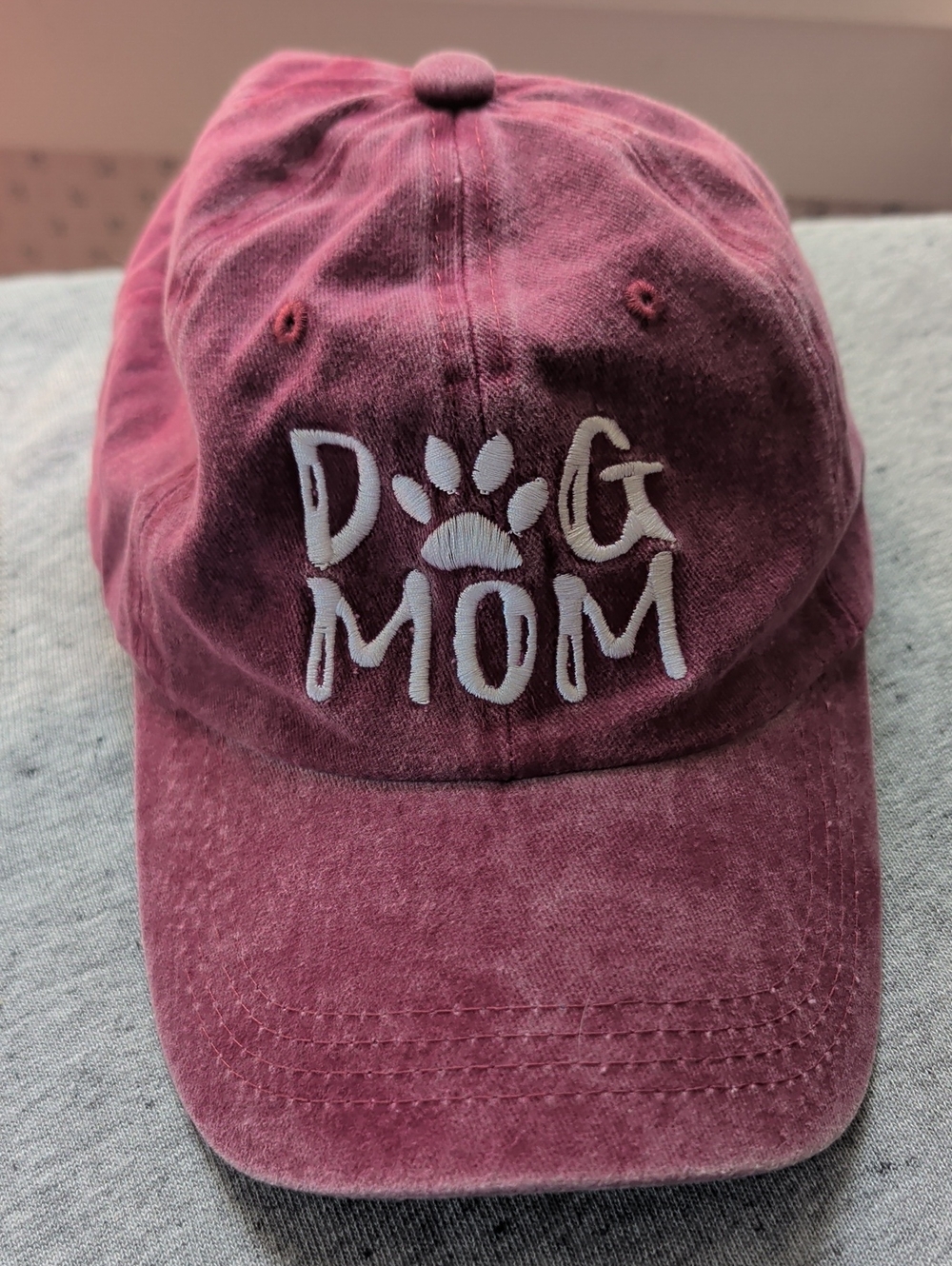 Dog Mom Hat Embroidered white Letters Baseball Cap Burgundy pony tail hole OS